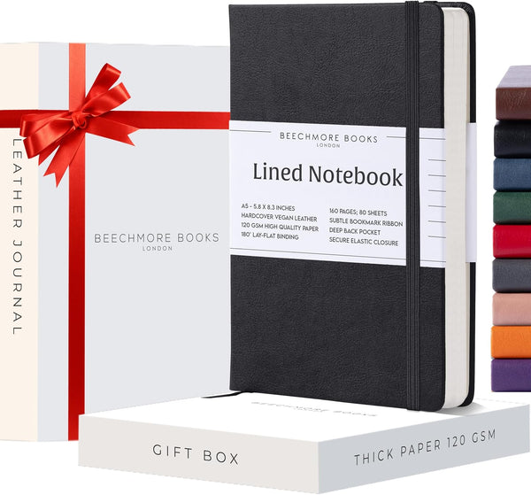 BEECHMORE BOOKS Lined Journal Notebook, A5 160 Pages, 5.8 x 8.3 inch, Hardcover Leather for Writing, Gifts Box