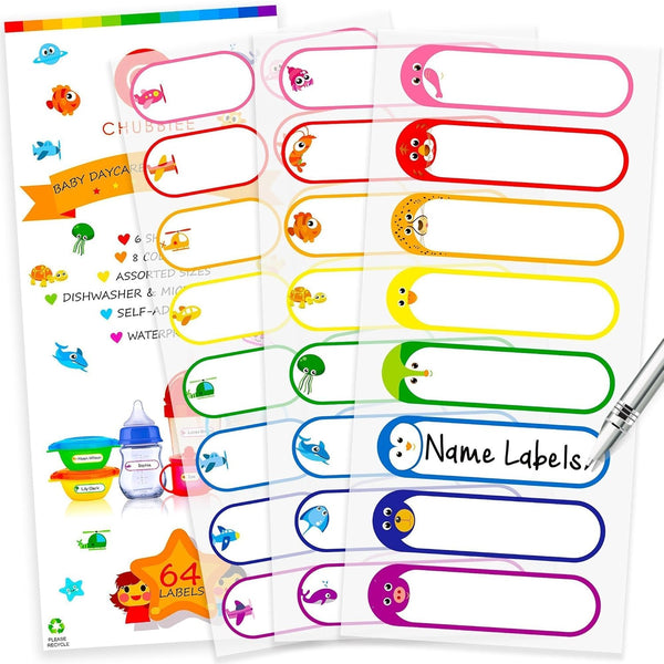 Baby Bottle Labels for Daycare - Self-Laminating, Waterproof Write-On Name Labels, Assorted Sizes & Colors, 64 Pack