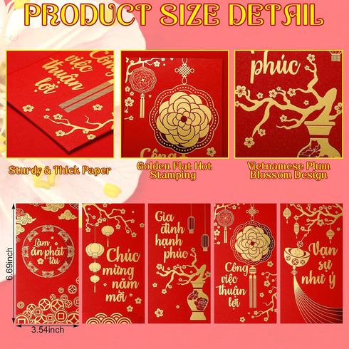 Zhanmai 30 Set 6.69 Inch 3.54 Inch 5 Pcs Vietnamese New Year Red Lucky Money Envelope x Various Designs New Year
