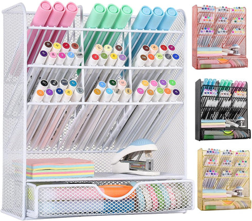 Spacrea Desk Organizer Pen Holder - White, 10 Compartments and 1 Drawer, Desk Organizers and Accessories