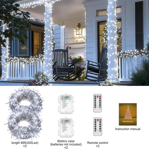 SFNDOU 2 Pack 8 66ft 200 Battery Operated String Lights Outdoor Indoor, Modes with Remote Timer Waterproof LED Twinkle