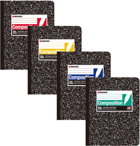 KAISA Composition Notebooks, 4 Pack, Wide Ruled, 9-3/4" x 7-1/2", Black Marble Covers, 100 Sheets