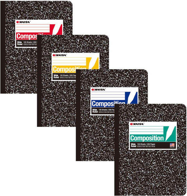 KAISA Composition Notebooks, 4 Pack, Wide Ruled, 9-3/4" x 7-1/2", Black Marble Covers, 100 Sheets