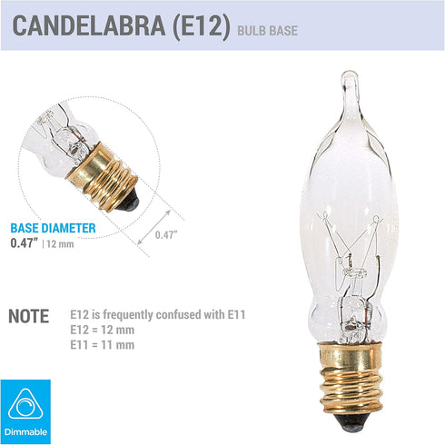 (12 Pack) 7.5CFC/15/3 7.5W 120 Bulb, CA5 E12 40 Dimmable. KOR Volt, Flame Candelabra Tip Chandelier Clear Incandescent