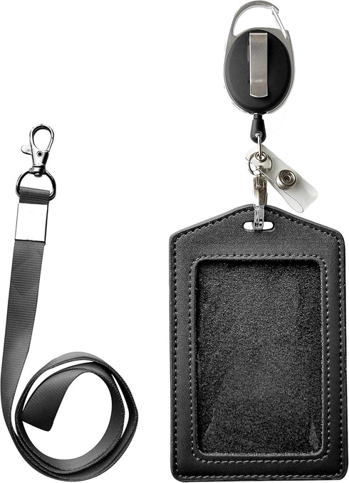 ID Card Case + Heavy Duty Lanyard (Black) - Badge Holder with Retractable Reel and Clip