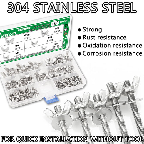 Aienxn 100PCS 304 M3, M4, M5, M6, M8, M10, Metric Sizes Wing Nuts Assortment Kit, Stainless Steel Parts Butterfly Wing
