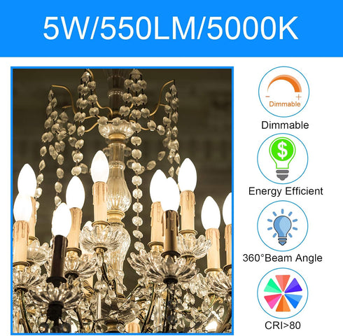 Dimmable E12 Bulb,60 B11 Bulbs, 5000K, 550LM, 5 12pk energetic smarter lighting LED Candelabra Watt Equivalent LED
