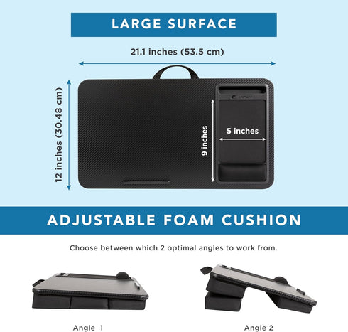 LAPGEAR Large Adjustable Lap Desk, Memory Foam Wrist Rest, Mouse Pad, Phone Holder, Fits up to 15.6 Inch Laptops (Black
