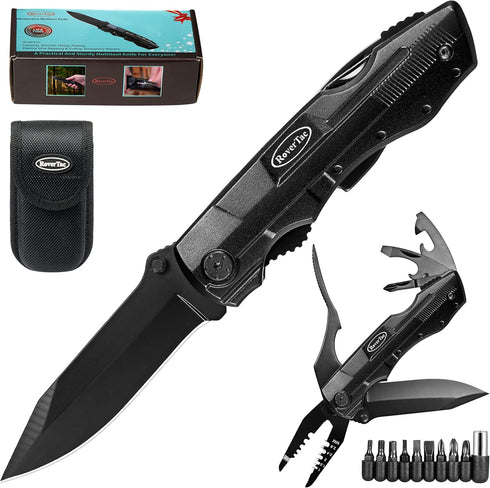 RoverTac Pocket Knife Multitool with Wire Stripper, 9-Pack Screwdriver Bit Set, Durable Sheath for Camping