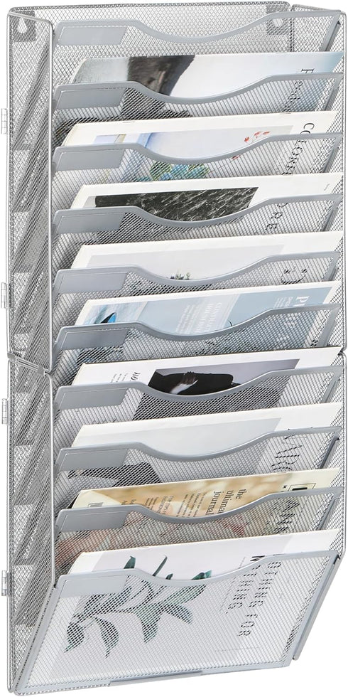 EasyPAG Mesh Wall File Holder, 10 Pockets Vertical Office Hanging File Organizer, Silver Magazine Rack for Documents