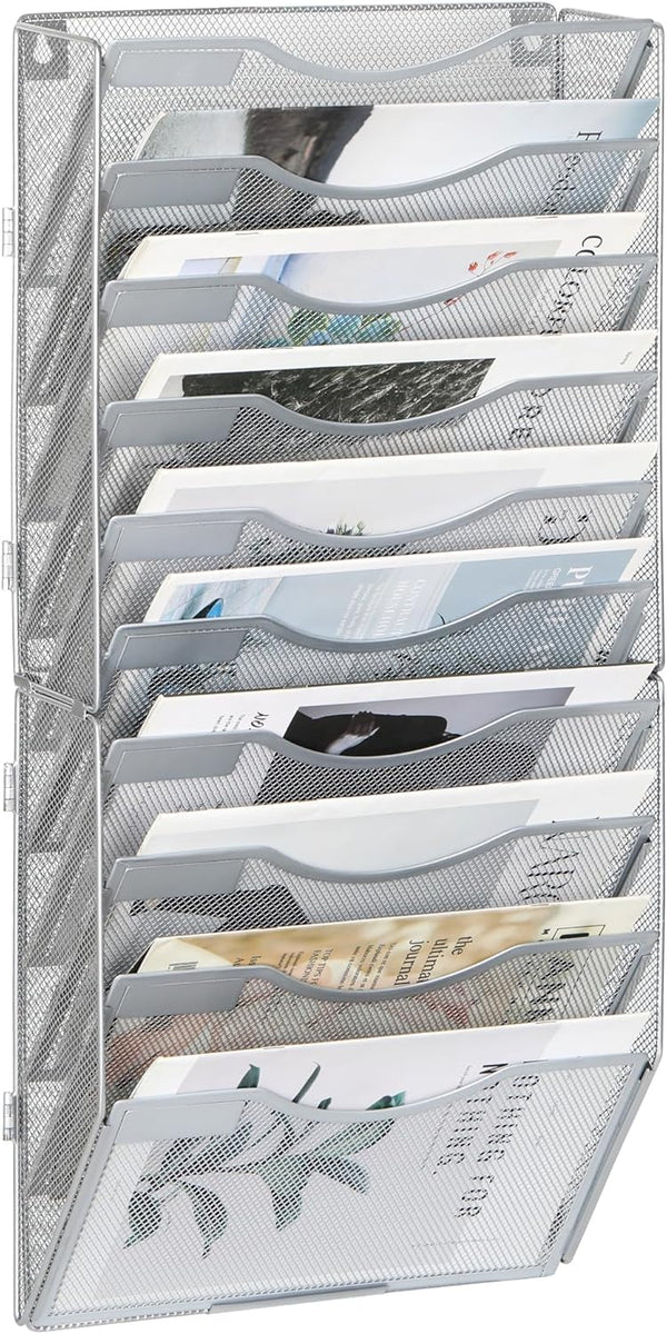 EasyPAG Mesh Wall File Holder, 10 Pockets Vertical Office Hanging File Organizer, Silver Magazine Rack for Documents