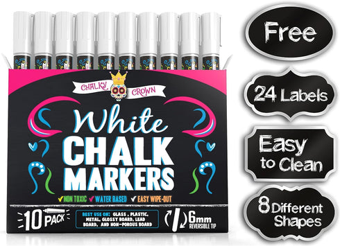 CHALKY CROWN Liquid Chalk Marker Pen, White Dry Erase Marker for Chalkboard Signs, Windows, 10 Pack
