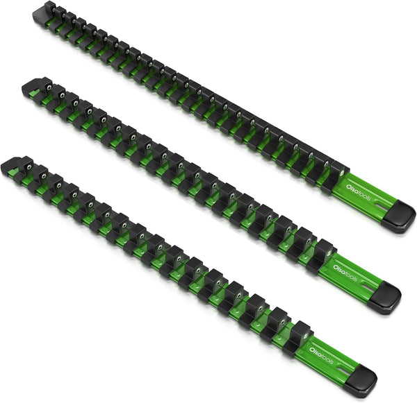 Olsa Tools Aluminum Socket Organizer, 3pc Set - Green Socket Holder Kit