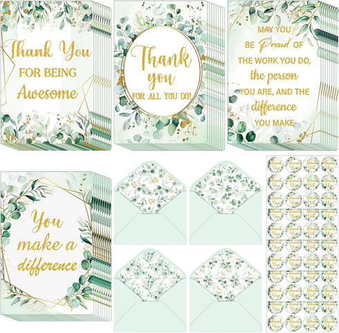 LemonSecret 60 Set Greenery Thank You Card with Envelope Sticker 4 x 6