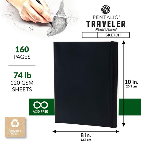 Pentalic 8" x 10" Pocket Sketchbook, 160 Pages, Black for Travel Journaling