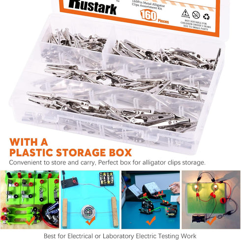 160Pcs Metal Alligator Clips Assortment Kit, 28mm 35mm 45mm 53mm Small Silver Clips for Battery Test Lead