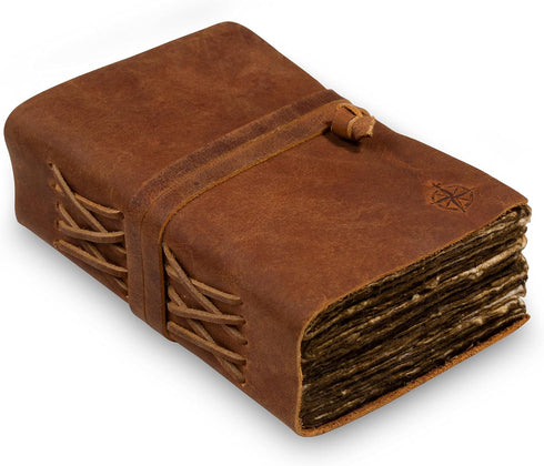 WANDERINGS Small Vintage Leather Journal - 4"x6", Antique Handmade Leather Bound Journal with Deckle Edge Paper