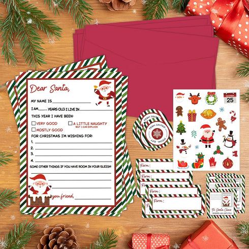 sunepany 8 Set 5x7 Letter from Santa Letter Writing Kit In Christmas Stationery with Red Envelopes, Secret Santa Cards