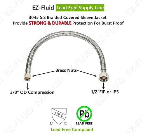 EZ-Fluid Plumbing 30" x 1/2" Fip x 3/8" Comp S.S Braided Flexible Water Hoses Connectors for Faucets