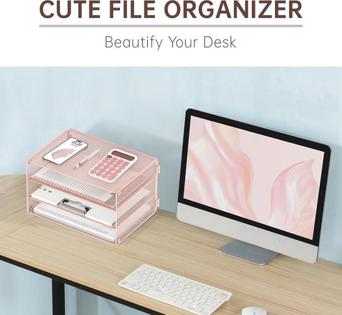DALTACK 3 Tier Letter Tray Paper Organizer, Mesh Metal Desk File Organizer for Home & Office, Pink