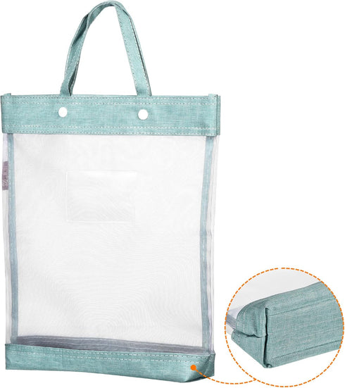 PATIKIL Green Nylon Document Bag with Handle, Transparent Handbag for Office Business