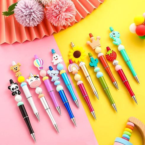 Ctosree 12 Pcs Beadable Pens Kit, DIY Cute Animals Bead Pens Making Kit with Black Ink for School Supplies