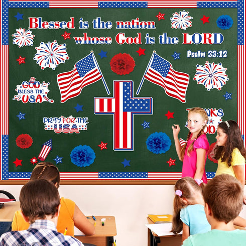 Pajean 67 Pcs God Bless American Bulletin Board Set, Patriotic Christian Classroom Decoration with American Flag Cross