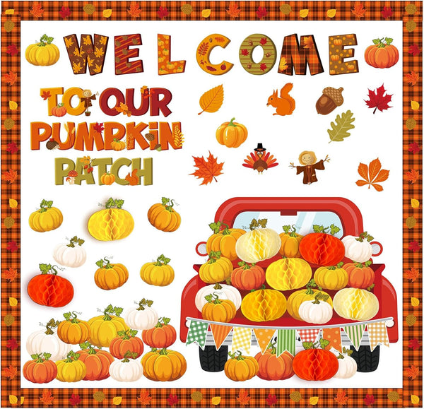 Qilery 98 Pieces Fall Classroom Bulletin Board Decorations, Red Truck Maple Leaves Pumpkin Cutouts for Autumn Decor