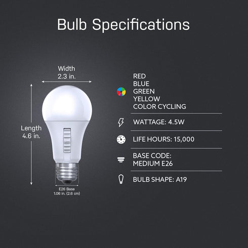 Feit Electric A19 LED Color Changing Light Bulb, 60W Equivalent, E26 Medium Base, 15 Year Life