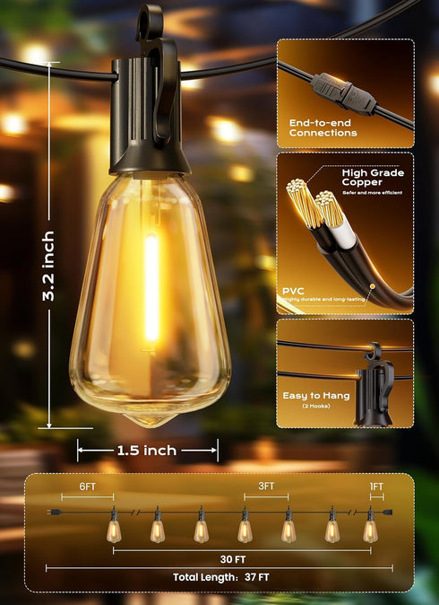 30FT 11+1 ST38 Dimmable IP65 Brightown Outdoor String Lights, LED LED Patio Lights Shatterproof, Waterproof Connectable