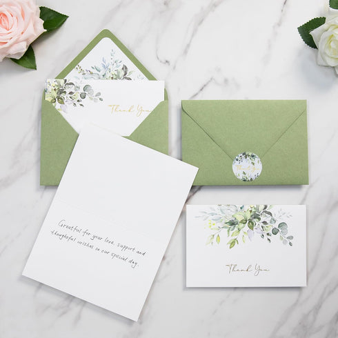 50 PACK 4x6 PONATIA Gold Foil Thank You Cards With Sage Green Envelopes, Floral Printing Greeting Cards With Adhesive