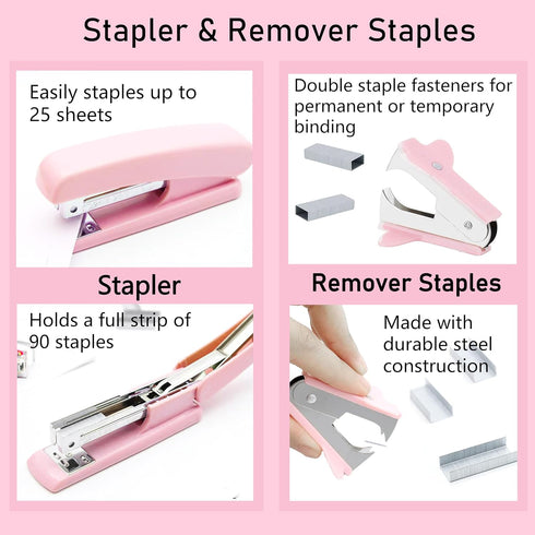 Pink Office Supplies Set - Pink Desk Accessories, Stapler, Staple Remover, Scissors, and 1000pcs Staples