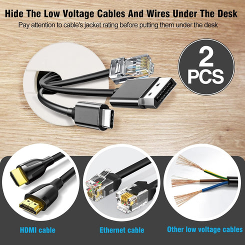 1-3/8" White Desk Grommet, JTemgle Plastic Cable Hole Cover for Computer Table Cord Wire Organizer (2 Pieces)