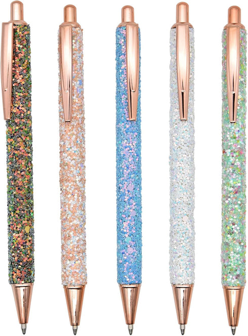 Gullor 5 Pcs Glitter Click Ballpoint Pens, Black Ink Medium Point 1mm for Office Supplies Gift (Gold)