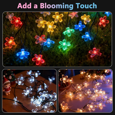 Vruxuri 60 LED Solar String Lights Outdoor Waterproof Flower Fairy Lights for Garden Fence Patio Yard Christmas Tree