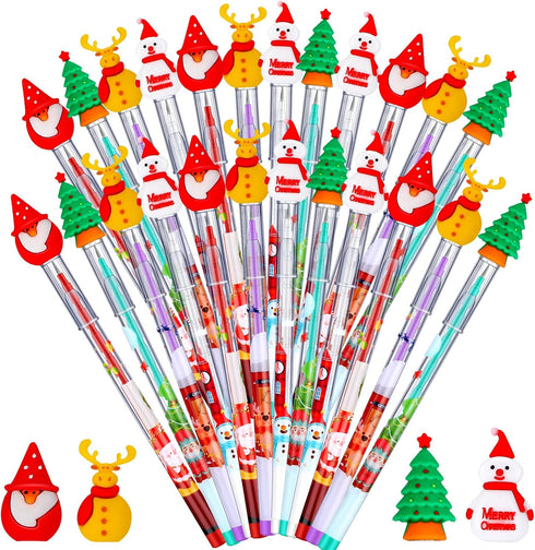 Christmas Pencils Multi-Point Stackable Push Pencils Decorated with Santa, Xmas Tree, Deer, and Snowman (24 Pieces)