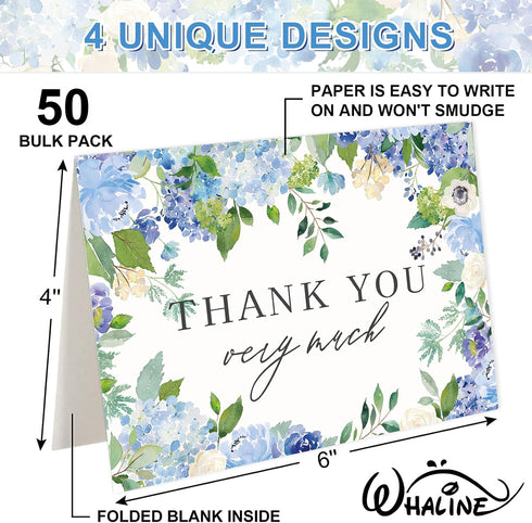 50 Pack Summer Whaline Hydrangea Thank You Cards Bulk Boxed Greeting Card Spring Blue Purple Floral Blank Note Cards