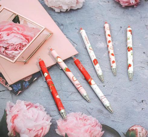 YYaaloa 12pcs Cute Strawberry Pens, Black Gel Ink Retractable 0.5mm Gel Pens, Fun Gifts for Kids Girls Boys