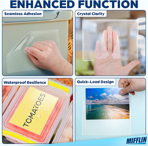 Mifflin-USA Index Card Holder (4x6”, 50 Pack), Clear Self-Adhesive Card Pockets, Label Holders for Organizing Storage Bins & Containers, Plastic Sleeves for Protecting Cards & Labels by MIFFLIN