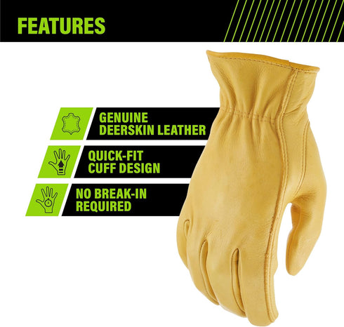 AWP Grain Leather Deerskin Work Gloves for Men and Women, Made with Genuine Top-Grain Deerskin Leather, Large, Tan