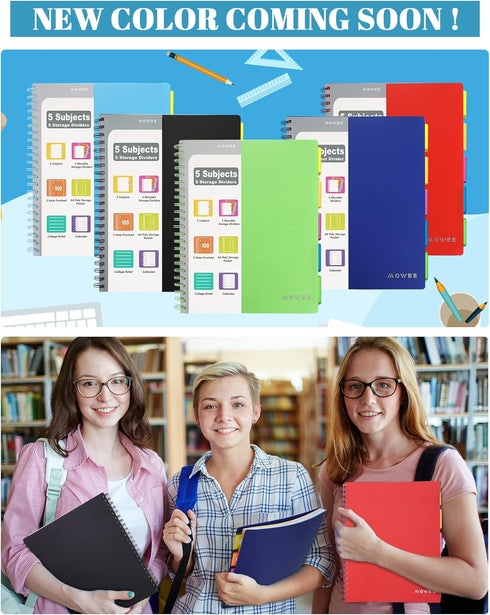 Spiral Notebook, 5 Subject College Ruled with Dividers, Pocket Tabs, Ruler, 100 Sheets, 200 Pages, 8.5''x11'' Lime
