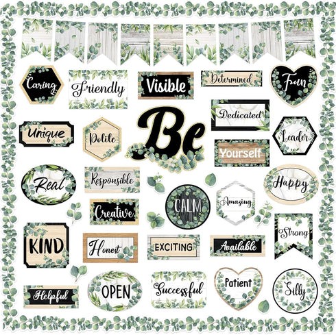 Back to School Eucalyptus Motivational Classroom Bulletin Board Decorations, Greenery Inspirational Quotes Cutouts