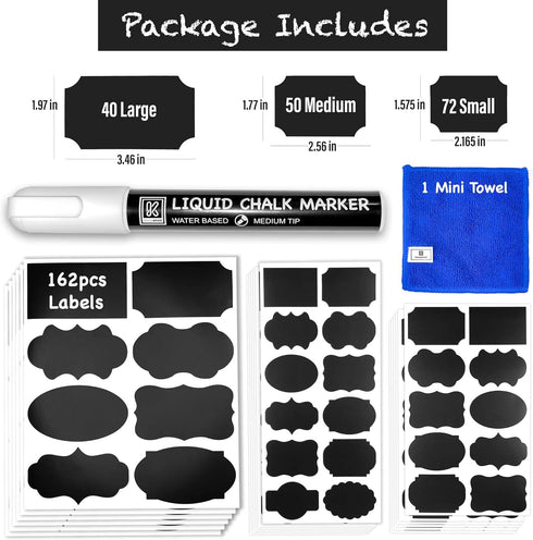 Chalkboard Labels for Jars, 162pcs Waterproof Reusable Stickers with Erasable Liquid Chalk Marker