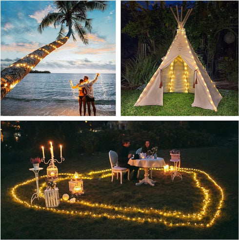 QITONG Warm White Solar Fairy Lights, 2 Pack Each 66ft 200 LED Outdoor String Lights, 8 Modes Silver Wire