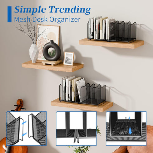 Simple Trending Mesh Desktop File Sorter, 7-Section Bookshelf Organizer for Home Office, Black