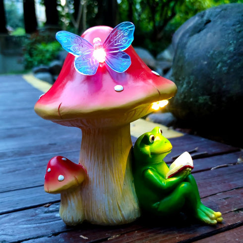 RCTTICUU Solar Frog Mushroom Garden Statues,Statuettes of Resin Frog Mushroom Reading a Book Figurine with LED Solar