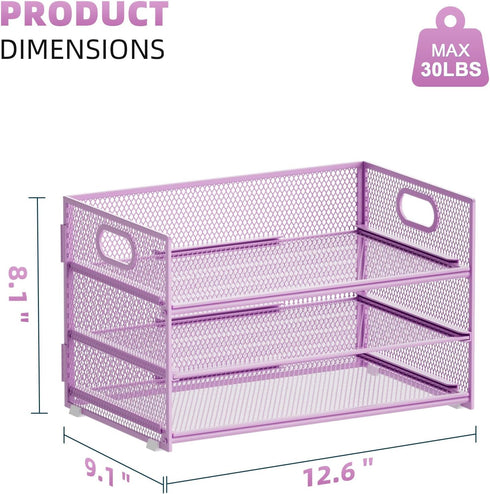 Marbrasse 3 Tier Paper Organizer, Mesh File Organizer with Handle for Home Office Supplies (Purple)