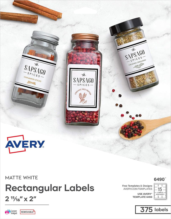 Avery Printable Blank Rectangle Labels, 2-11/16" x 2", Matte White, 375 Customizable Labels