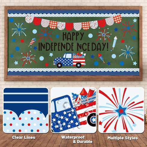JarThenaAMCS 74Pcs Happy Independence Day Bulletin Board Kit - Patriotic Red Blue Star Truck Fireworks Cutouts