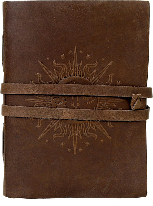 Sun & Moon Leather Journal, 7 x 5 Inch Handmade Paper Journal, Vintage Sketchbook for Women